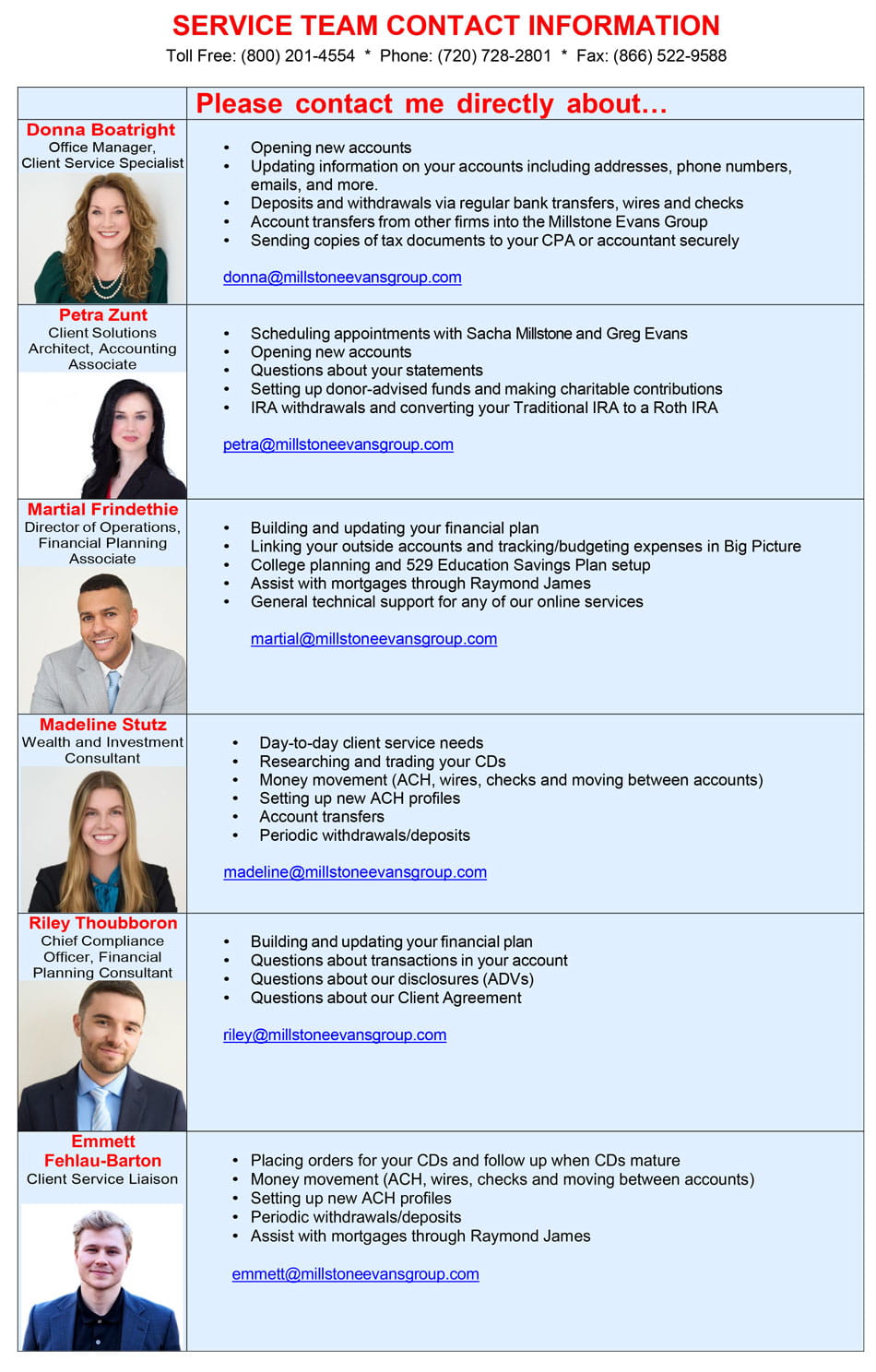Millstone Evans Service Team Contact Card 07-21-2023